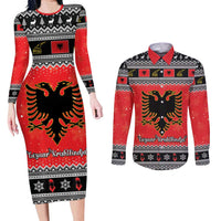 Albania Christmas Couples Matching Long Sleeve Bodycon Dress and Long Sleeve Button Shirt Albanian Eagle Gezuar Krishtlindja - Wonder Print Shop