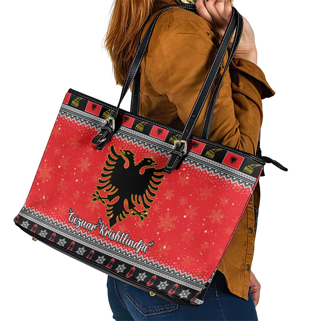 Albania Christmas Leather Tote Bag Albanian Eagle Gezuar Krishtlindja - Wonder Print Shop