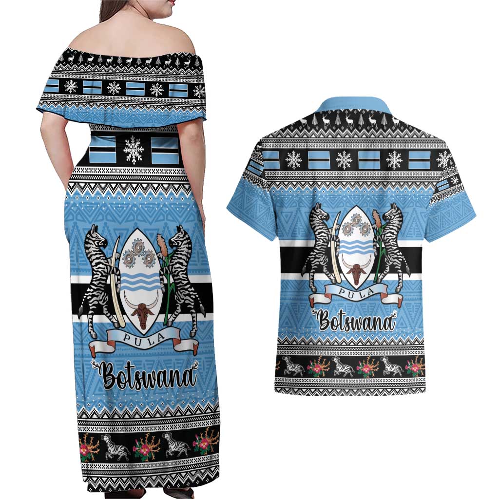 Botswana Christmas Couples Matching Off Shoulder Maxi Dress and Hawaiian Shirt Coat Of Arms Muve neKisimusi - Wonder Print Shop