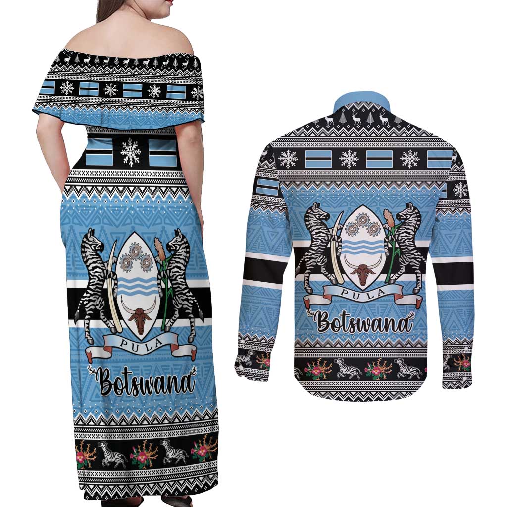 Botswana Christmas Couples Matching Off Shoulder Maxi Dress and Long Sleeve Button Shirt Coat Of Arms Muve neKisimusi - Wonder Print Shop