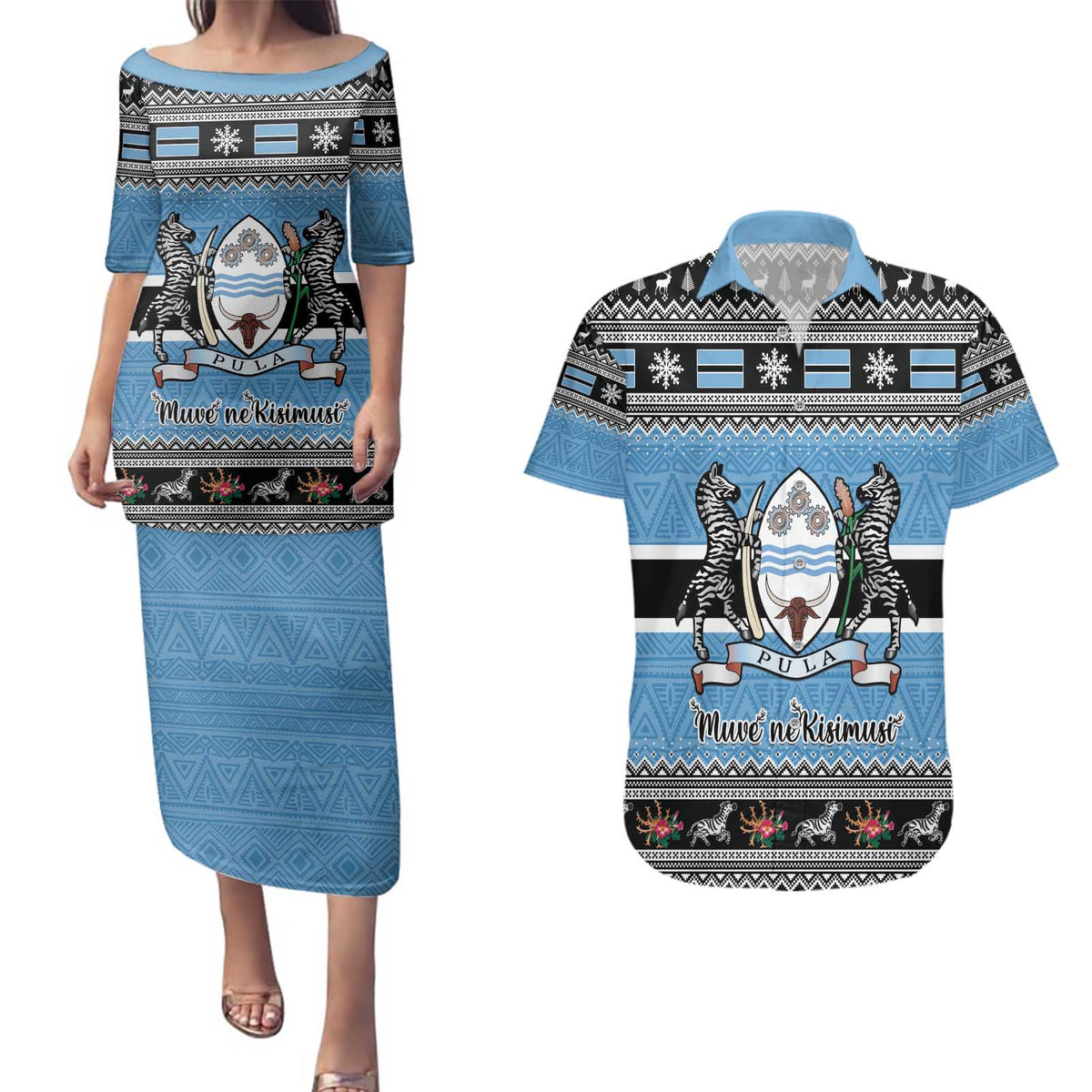 Botswana Christmas Couples Matching Puletasi and Hawaiian Shirt Coat Of Arms Muve neKisimusi - Wonder Print Shop