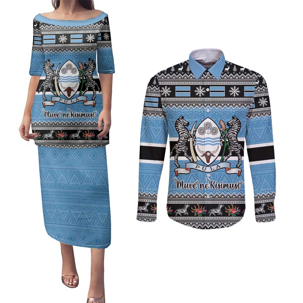 Botswana Christmas Couples Matching Puletasi and Long Sleeve Button Shirt Coat Of Arms Muve neKisimusi - Wonder Print Shop