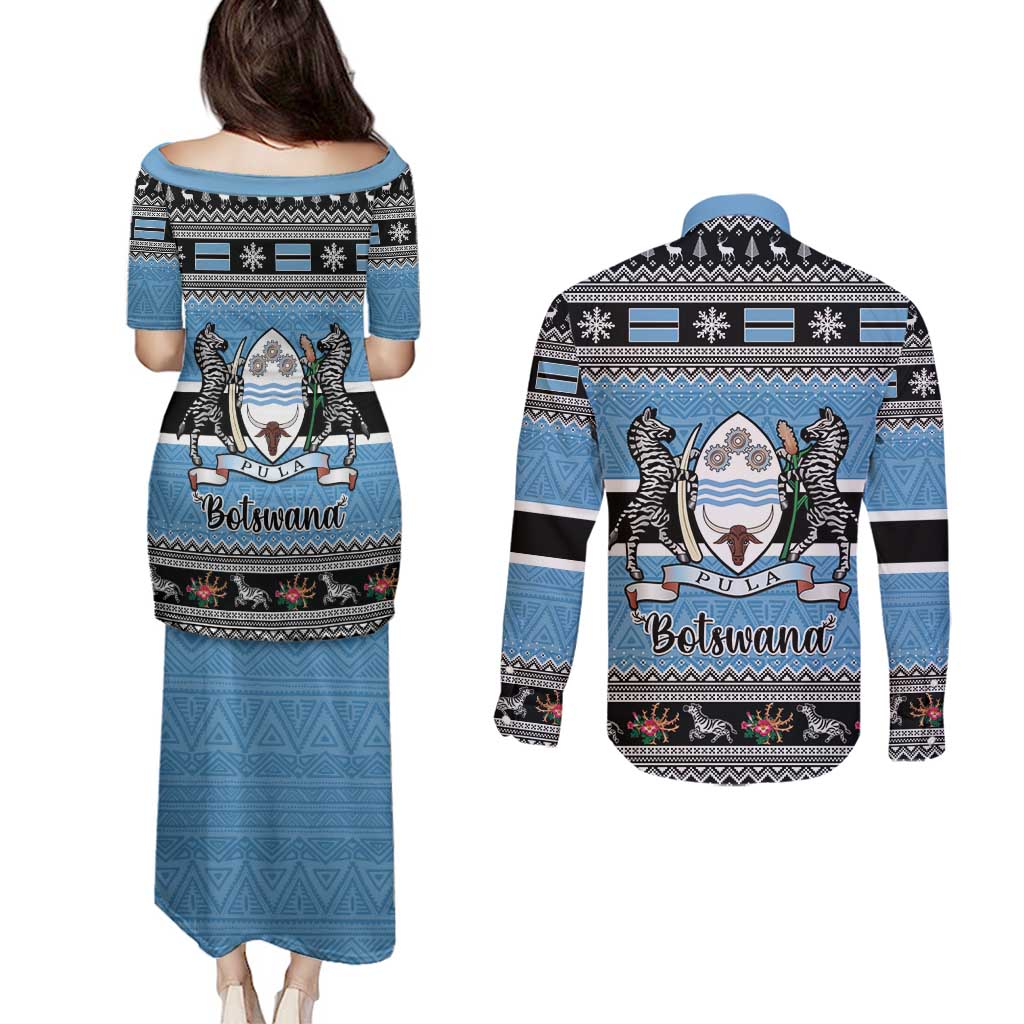 Botswana Christmas Couples Matching Puletasi and Long Sleeve Button Shirt Coat Of Arms Muve neKisimusi - Wonder Print Shop