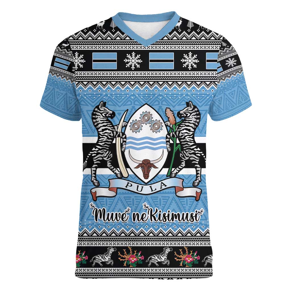 Botswana Christmas Women V-Neck T-Shirt Coat Of Arms Muve neKisimusi - Wonder Print Shop