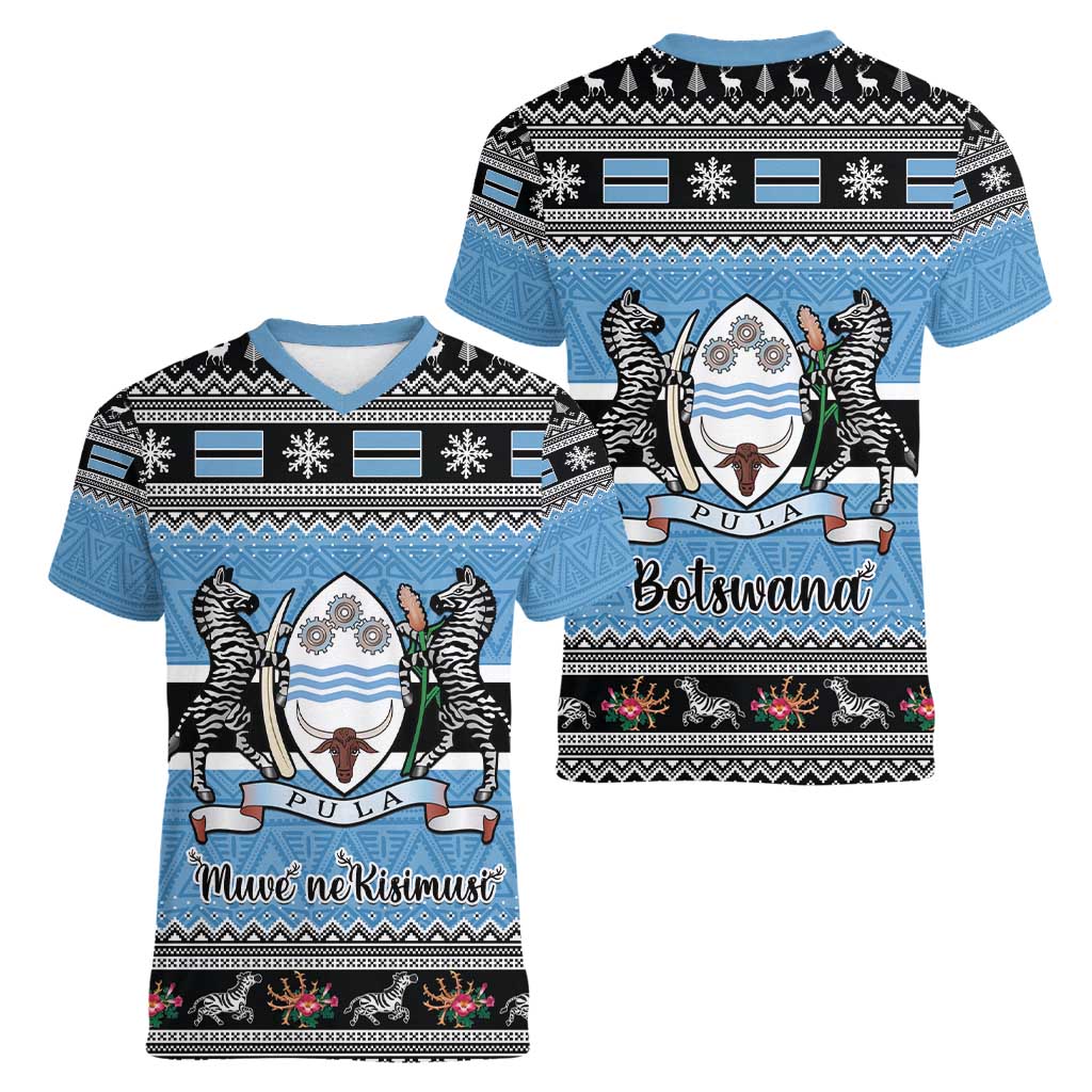 Botswana Christmas Women V-Neck T-Shirt Coat Of Arms Muve neKisimusi - Wonder Print Shop