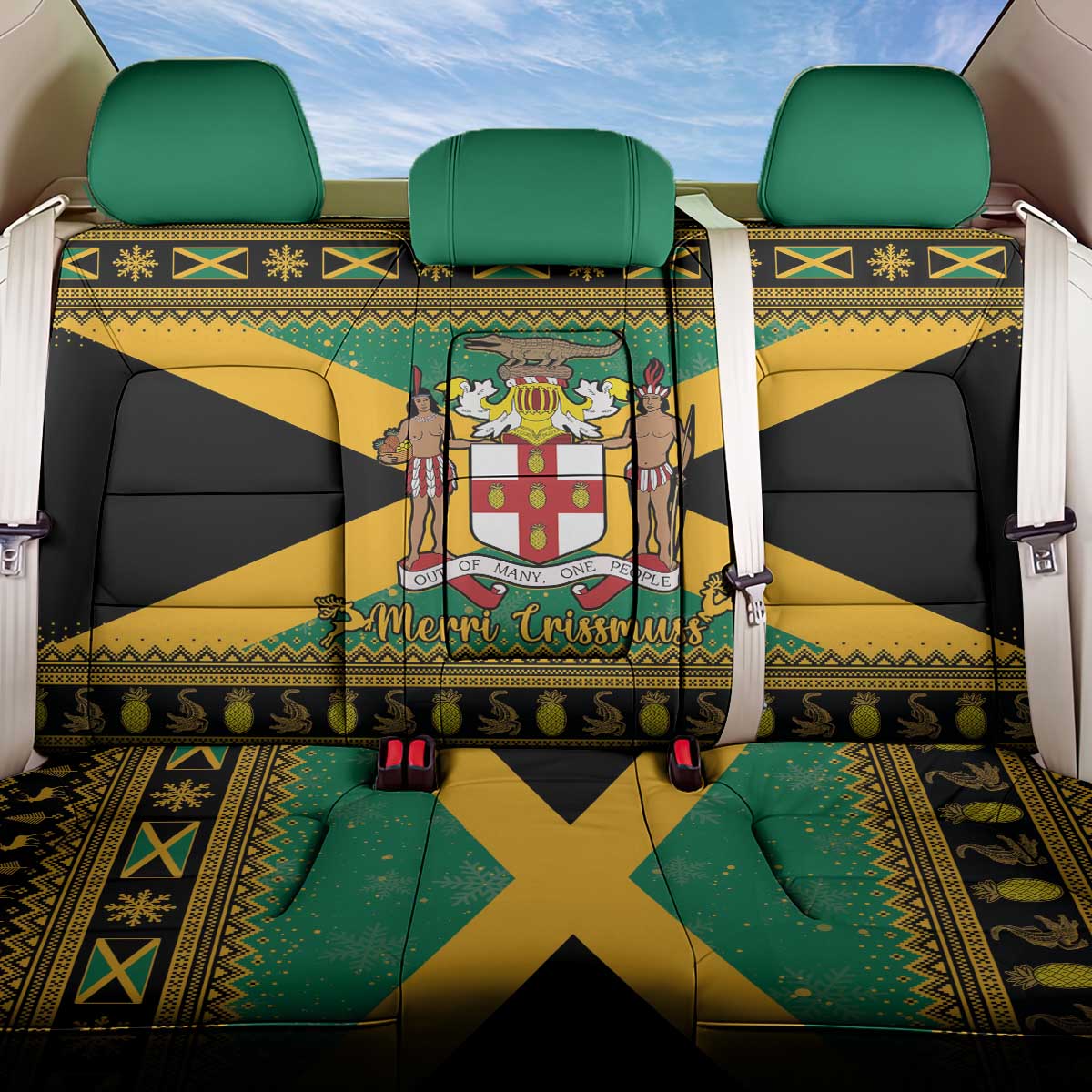 Jamaica Christmas Back Car Seat Cover Coat Of Arms Merri Crissmuss - Wonder Print Shop