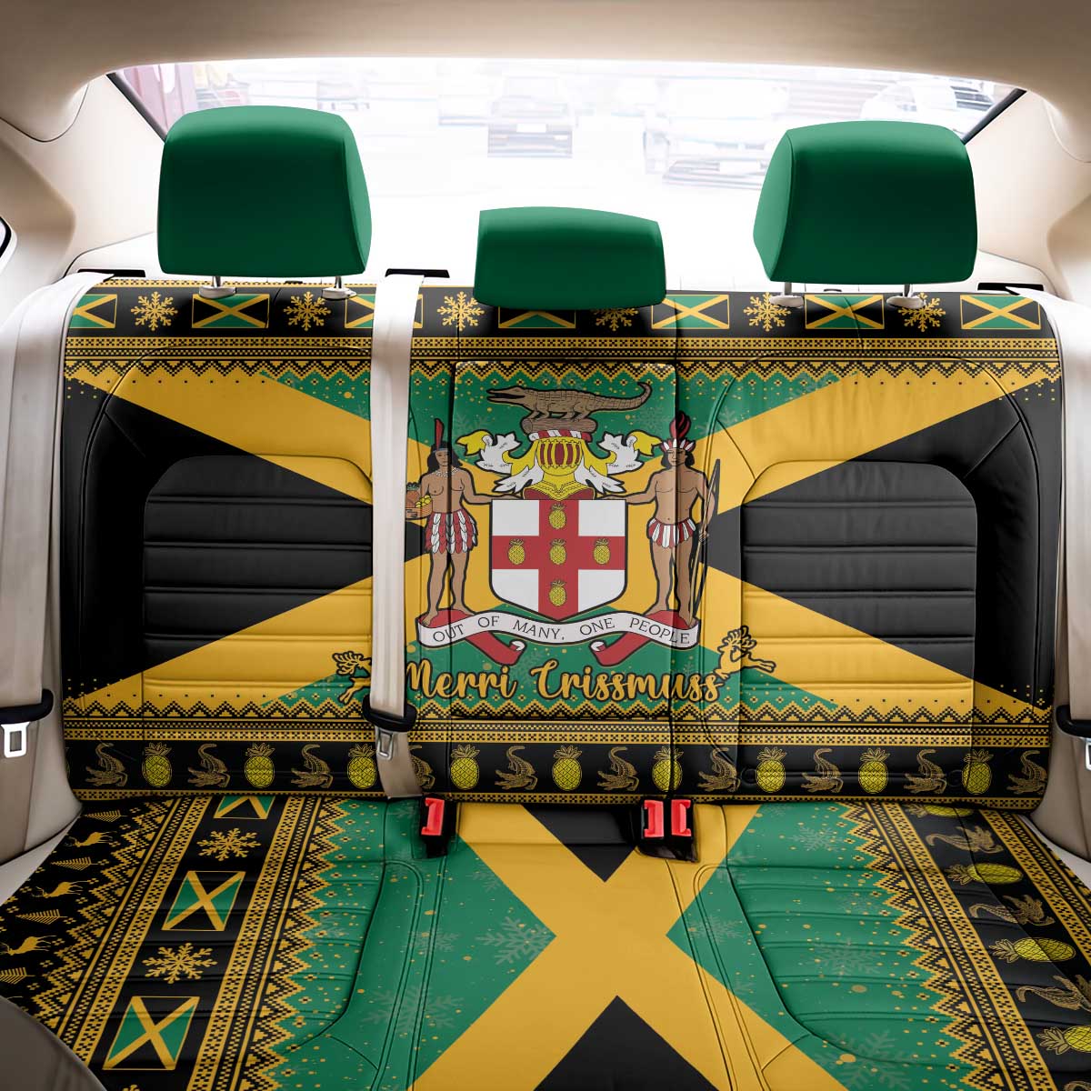 Jamaica Christmas Back Car Seat Cover Coat Of Arms Merri Crissmuss - Wonder Print Shop