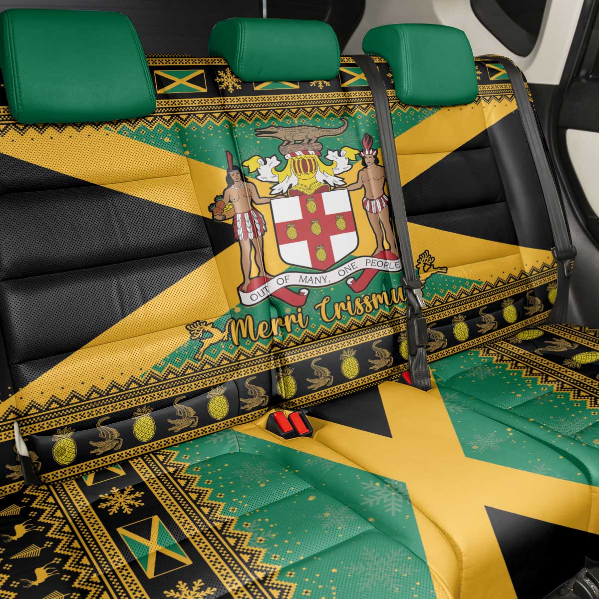 Jamaica Christmas Back Car Seat Cover Coat Of Arms Merri Crissmuss - Wonder Print Shop