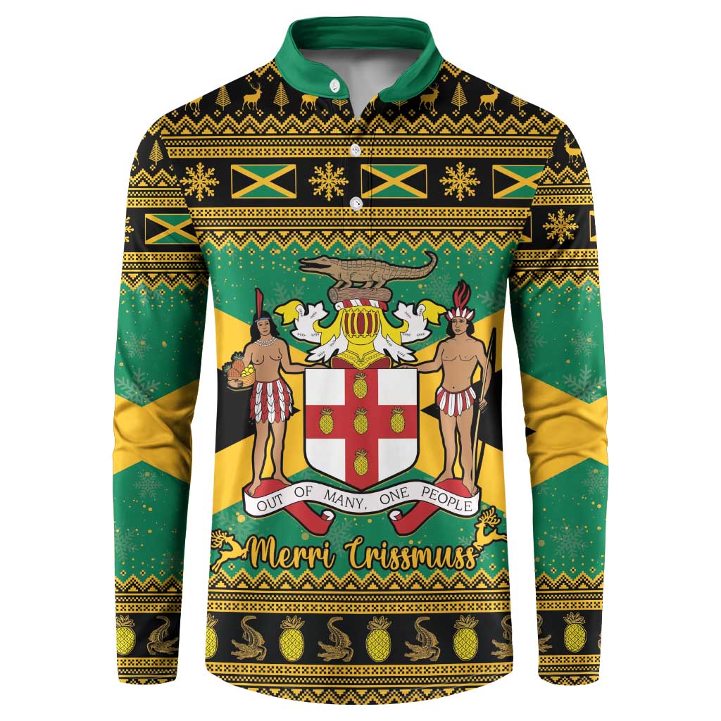 Jamaica Christmas Button Sweatshirt Coat Of Arms Merri Crissmuss - Wonder Print Shop