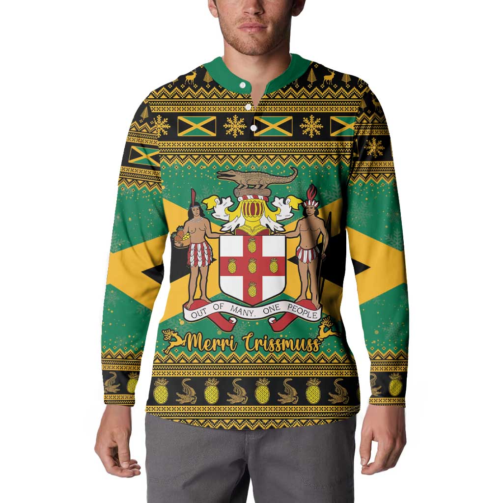 Jamaica Christmas Button Sweatshirt Coat Of Arms Merri Crissmuss - Wonder Print Shop