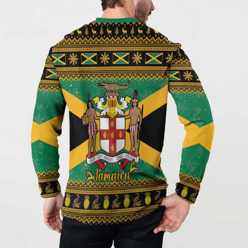 Jamaica Christmas Button Sweatshirt Coat Of Arms Merri Crissmuss - Wonder Print Shop