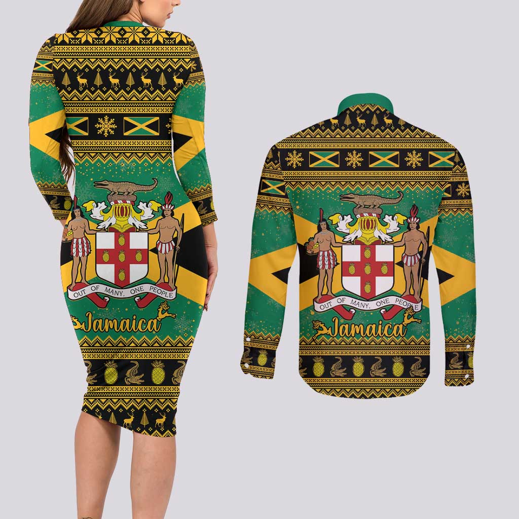 Jamaica Christmas Couples Matching Long Sleeve Bodycon Dress and Long Sleeve Button Shirt Coat Of Arms Merri Crissmuss - Wonder Print Shop