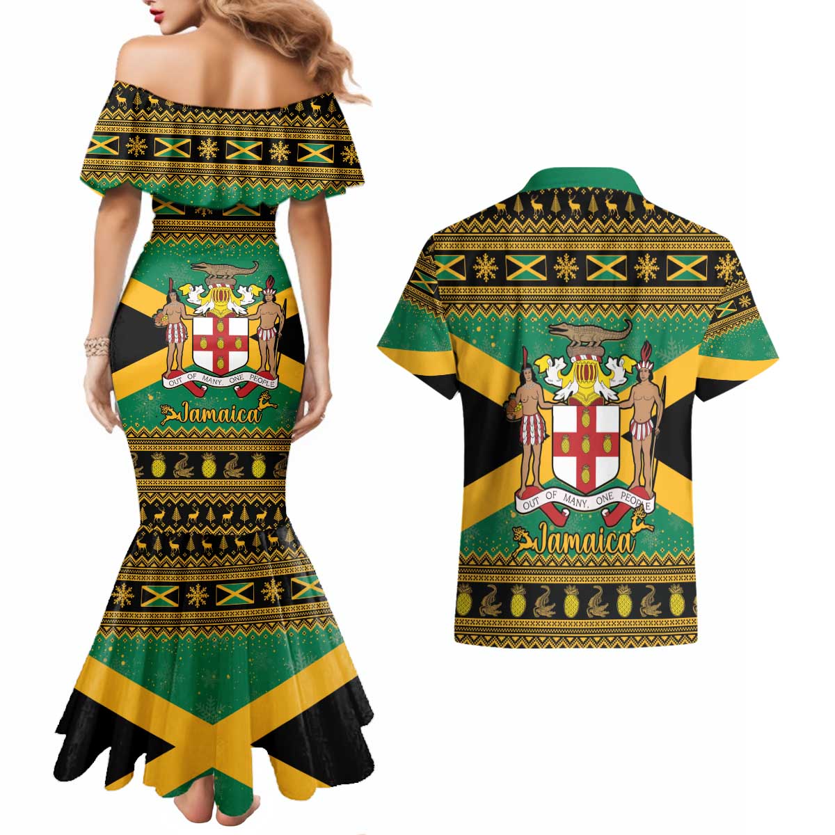 Jamaica Christmas Couples Matching Mermaid Dress and Hawaiian Shirt Coat Of Arms Merri Crissmuss - Wonder Print Shop