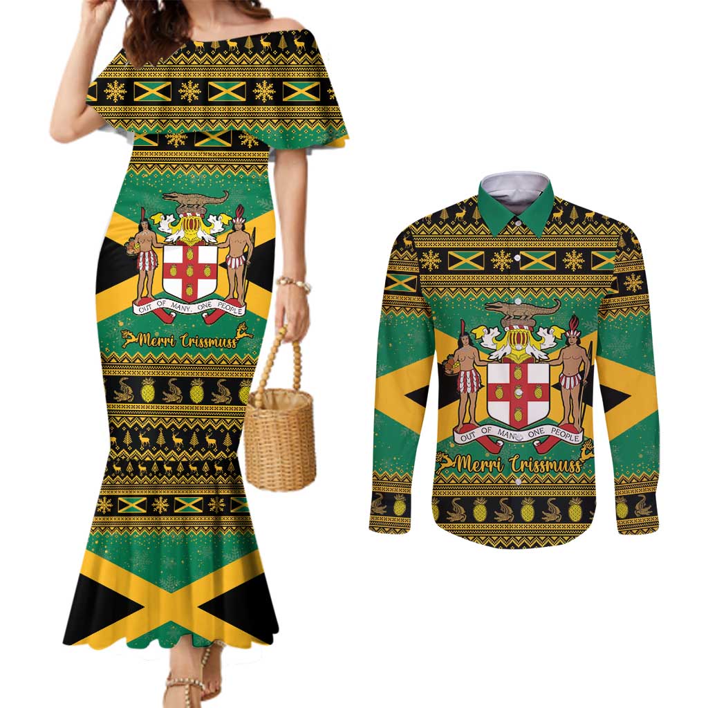 Jamaica Christmas Couples Matching Mermaid Dress and Long Sleeve Button Shirt Coat Of Arms Merri Crissmuss