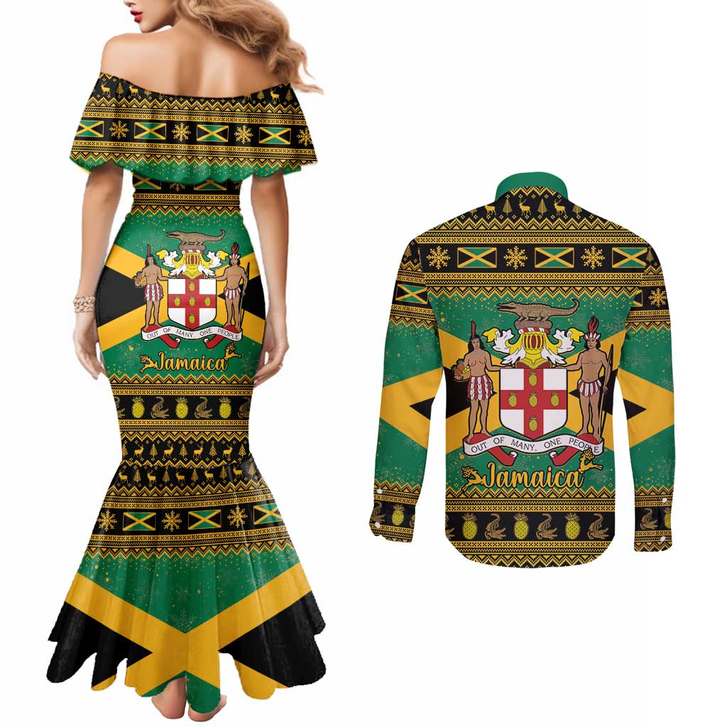 Jamaica Christmas Couples Matching Mermaid Dress and Long Sleeve Button Shirt Coat Of Arms Merri Crissmuss