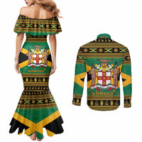 Jamaica Christmas Couples Matching Mermaid Dress and Long Sleeve Button Shirt Coat Of Arms Merri Crissmuss