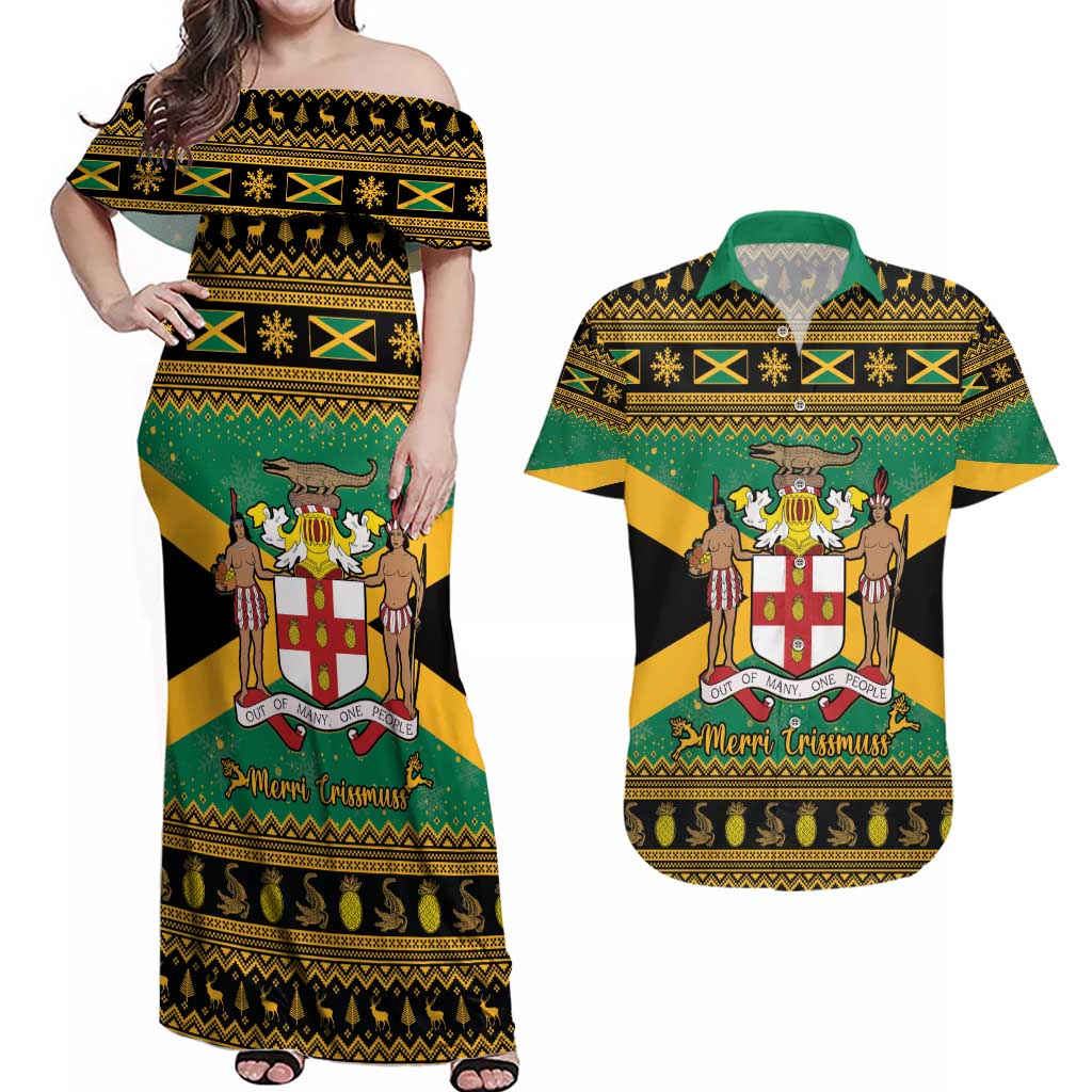 Jamaica Christmas Couples Matching Off Shoulder Maxi Dress and Hawaiian Shirt Coat Of Arms Merri Crissmuss - Wonder Print Shop