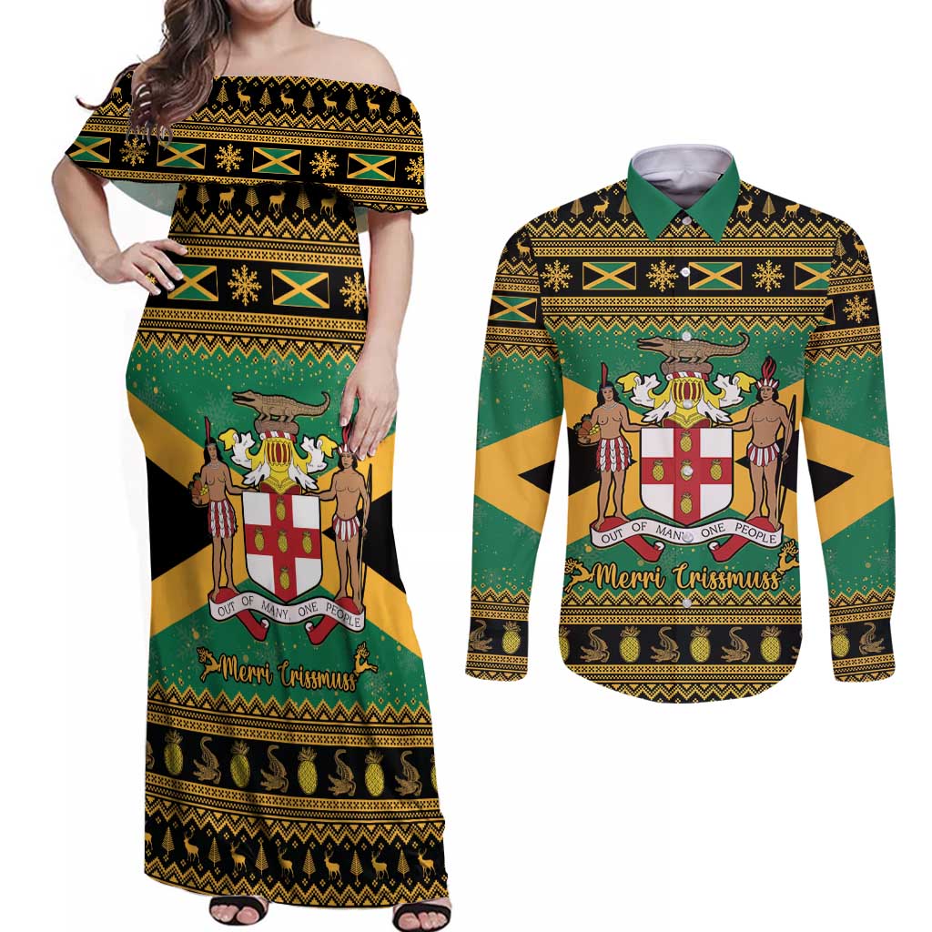 Jamaica Christmas Couples Matching Off Shoulder Maxi Dress and Long Sleeve Button Shirt Coat Of Arms Merri Crissmuss - Wonder Print Shop