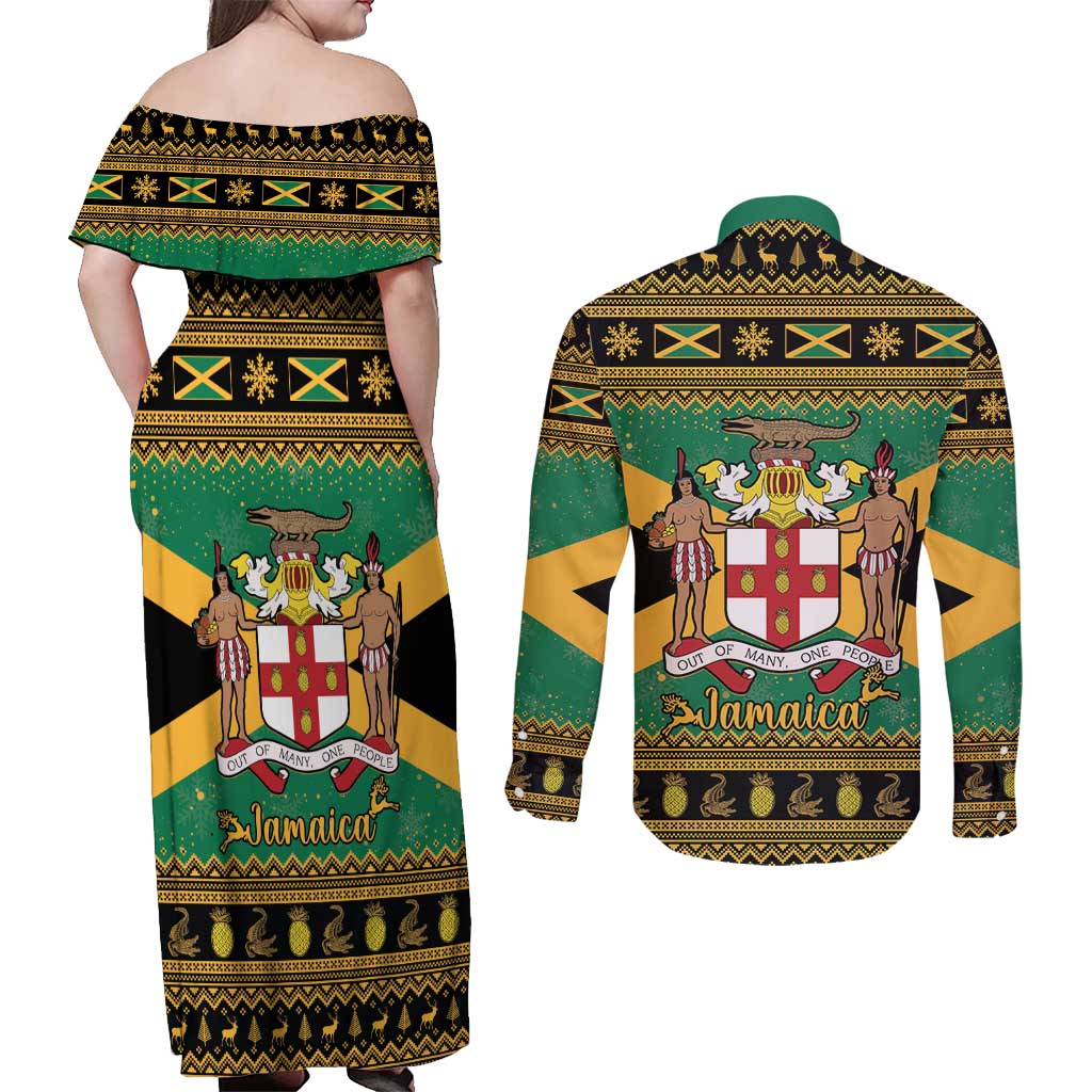 Jamaica Christmas Couples Matching Off Shoulder Maxi Dress and Long Sleeve Button Shirt Coat Of Arms Merri Crissmuss - Wonder Print Shop