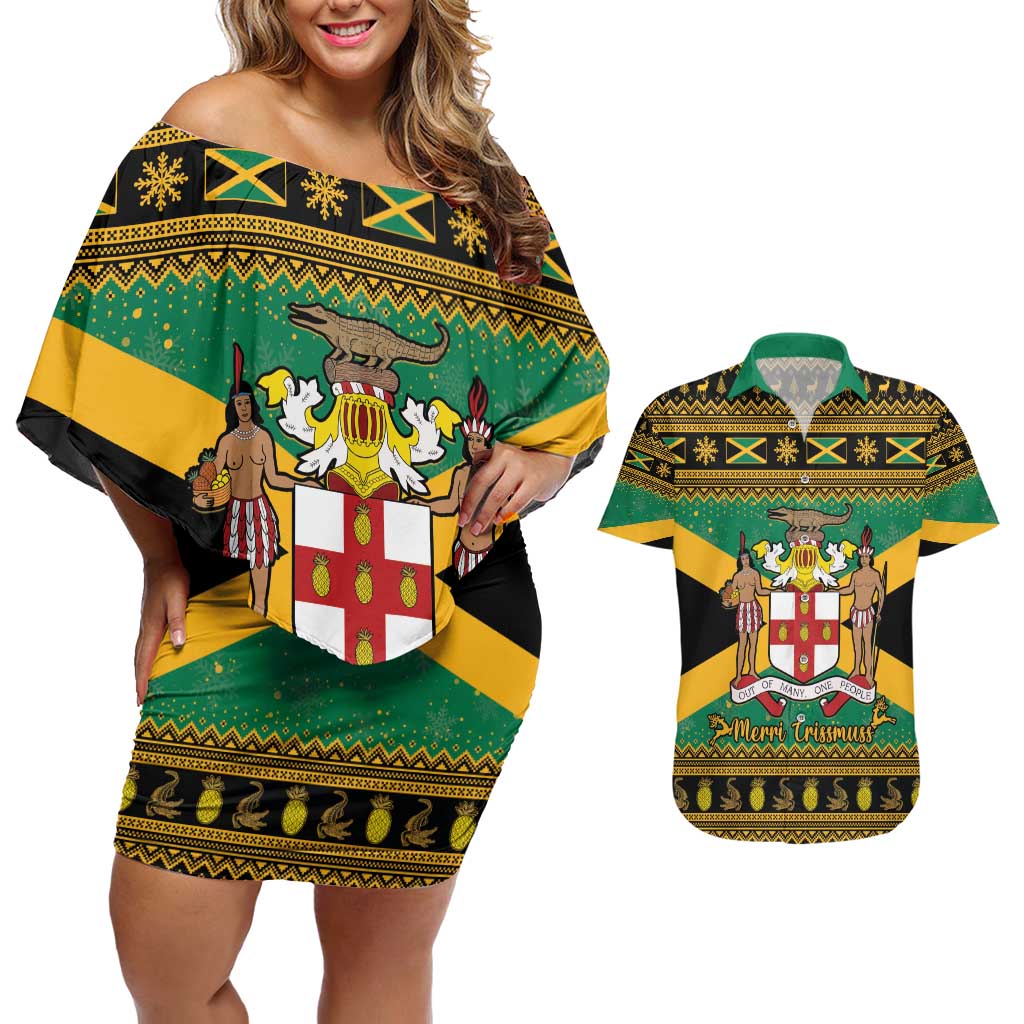Jamaica Christmas Couples Matching Off Shoulder Short Dress and Hawaiian Shirt Coat Of Arms Merri Crissmuss - Wonder Print Shop
