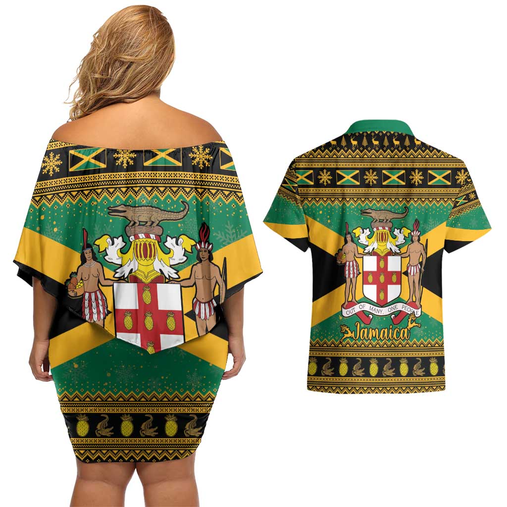 Jamaica Christmas Couples Matching Off Shoulder Short Dress and Hawaiian Shirt Coat Of Arms Merri Crissmuss - Wonder Print Shop