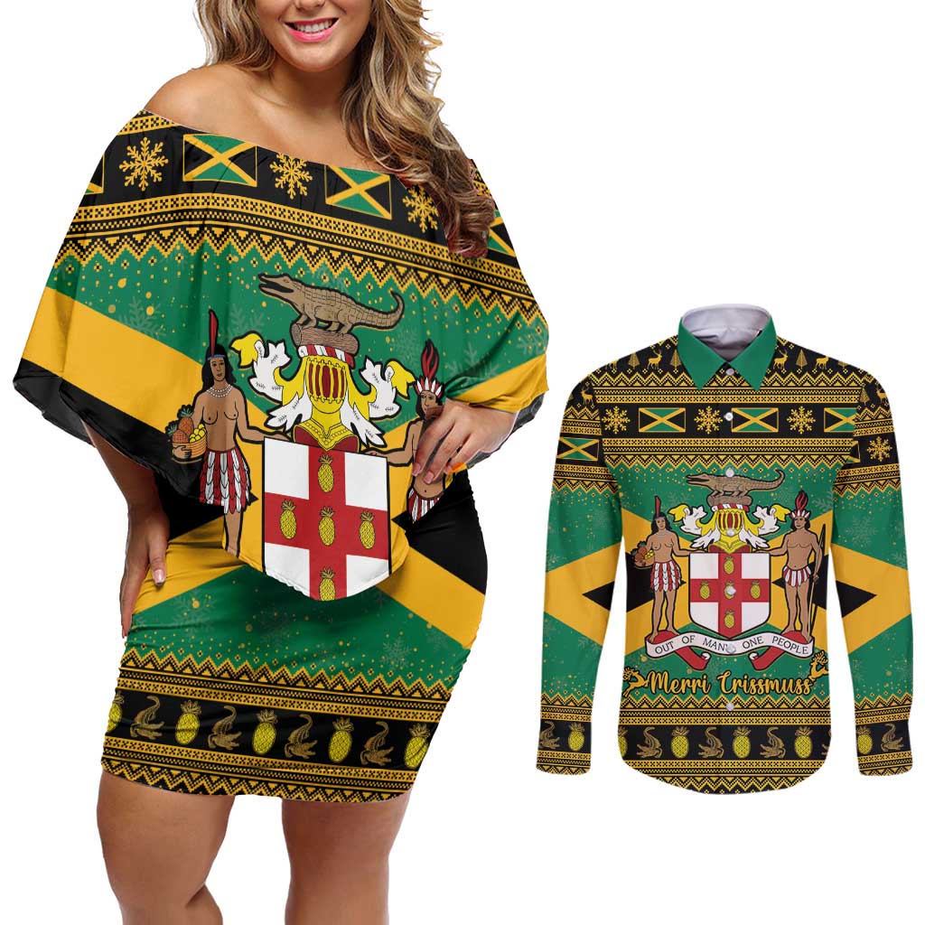 Jamaica Christmas Couples Matching Off Shoulder Short Dress and Long Sleeve Button Shirt Coat Of Arms Merri Crissmuss - Wonder Print Shop