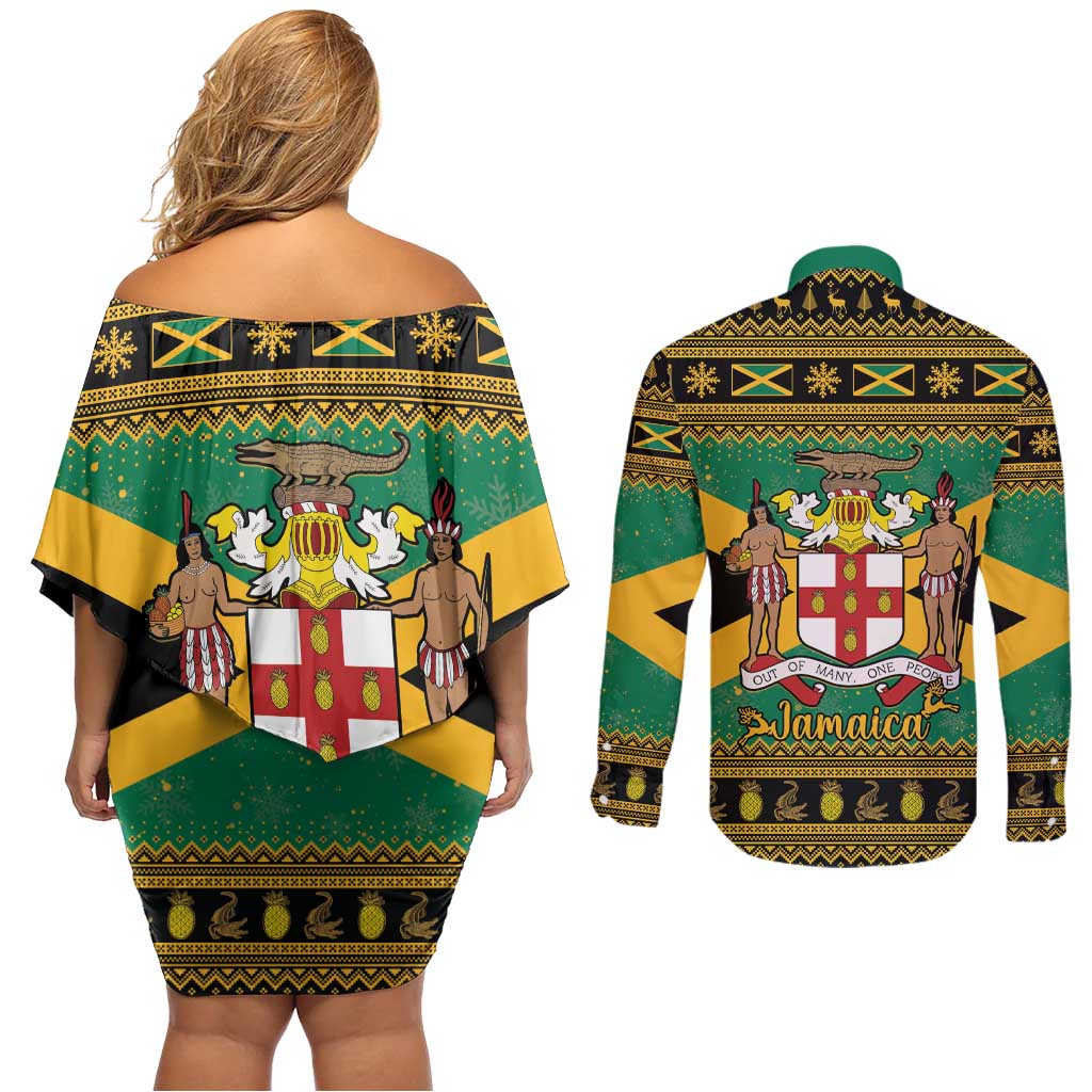Jamaica Christmas Couples Matching Off Shoulder Short Dress and Long Sleeve Button Shirt Coat Of Arms Merri Crissmuss - Wonder Print Shop