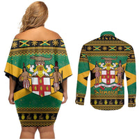 Jamaica Christmas Couples Matching Off Shoulder Short Dress and Long Sleeve Button Shirt Coat Of Arms Merri Crissmuss - Wonder Print Shop