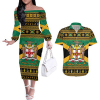 Jamaica Christmas Couples Matching Off The Shoulder Long Sleeve Dress and Hawaiian Shirt Coat Of Arms Merri Crissmuss - Wonder Print Shop