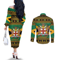 Jamaica Christmas Couples Matching Off The Shoulder Long Sleeve Dress and Long Sleeve Button Shirt Coat Of Arms Merri Crissmuss
