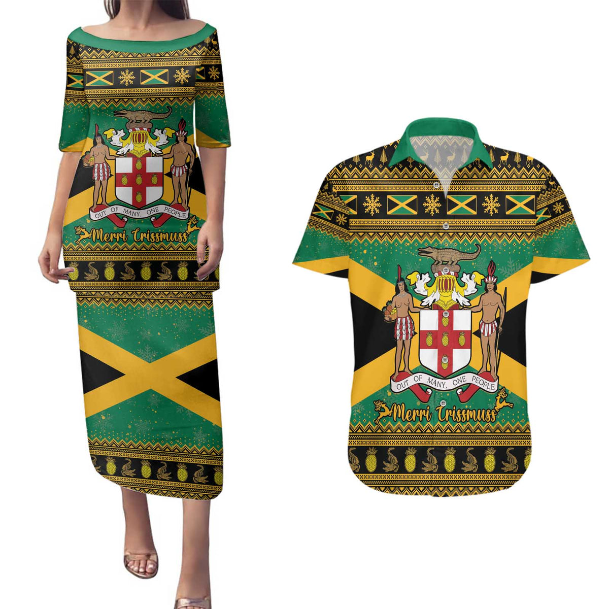 Jamaica Christmas Couples Matching Puletasi and Hawaiian Shirt Coat Of Arms Merri Crissmuss - Wonder Print Shop