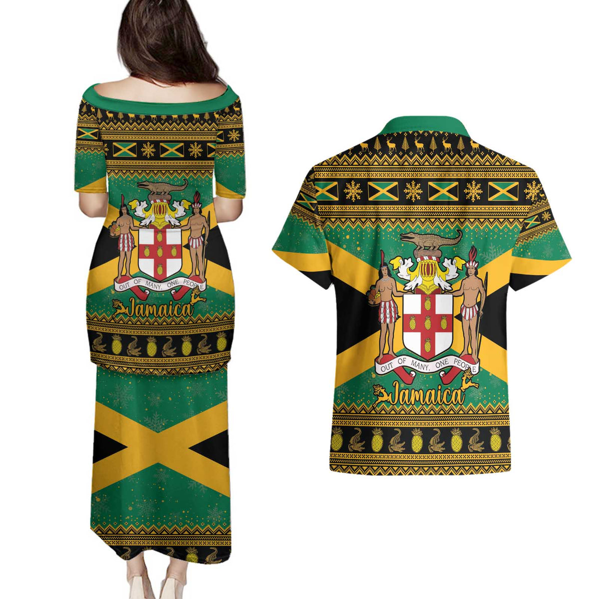 Jamaica Christmas Couples Matching Puletasi and Hawaiian Shirt Coat Of Arms Merri Crissmuss - Wonder Print Shop