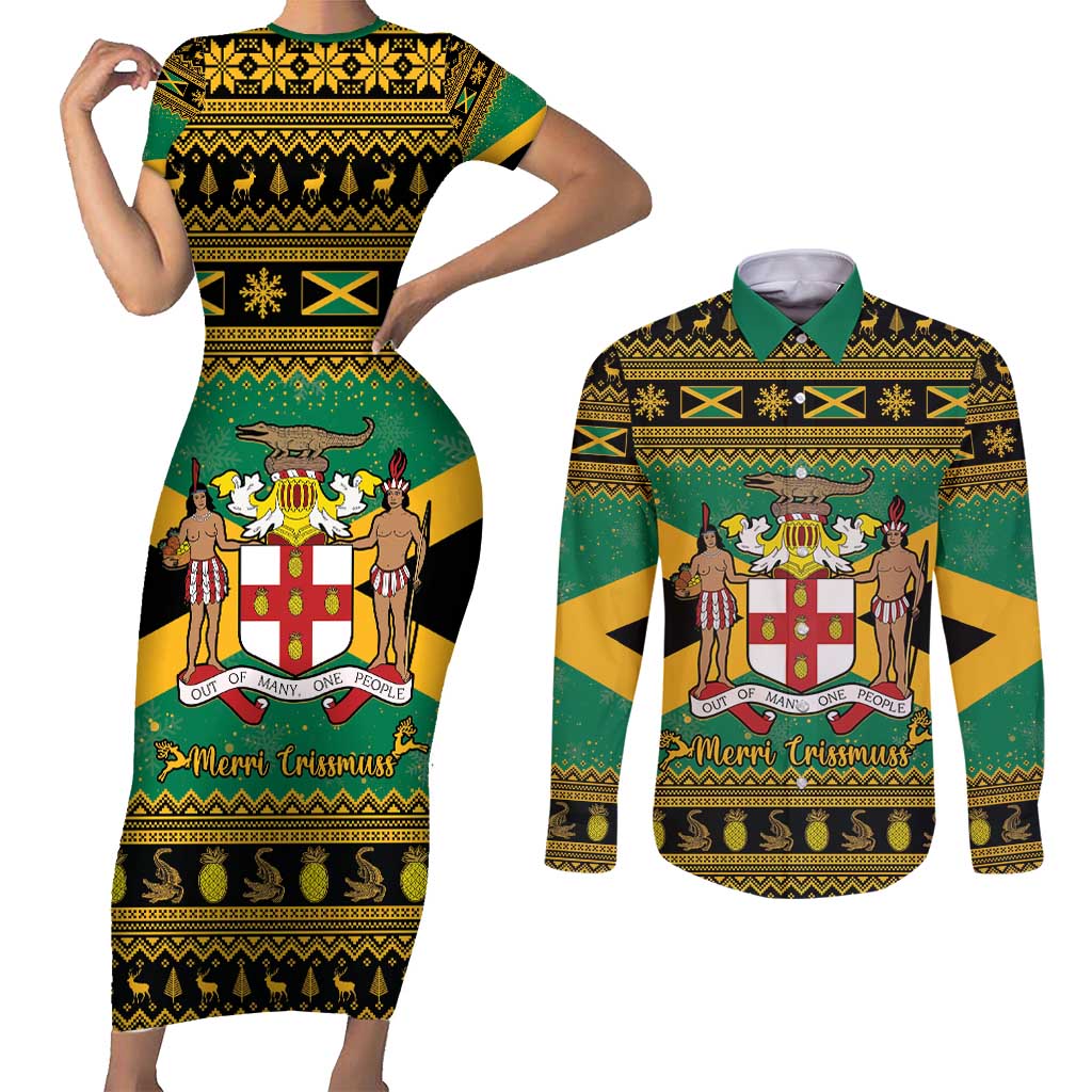 Jamaica Christmas Couples Matching Short Sleeve Bodycon Dress and Long Sleeve Button Shirt Coat Of Arms Merri Crissmuss - Wonder Print Shop