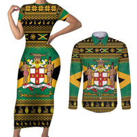 Jamaica Christmas Couples Matching Short Sleeve Bodycon Dress and Long Sleeve Button Shirt Coat Of Arms Merri Crissmuss - Wonder Print Shop