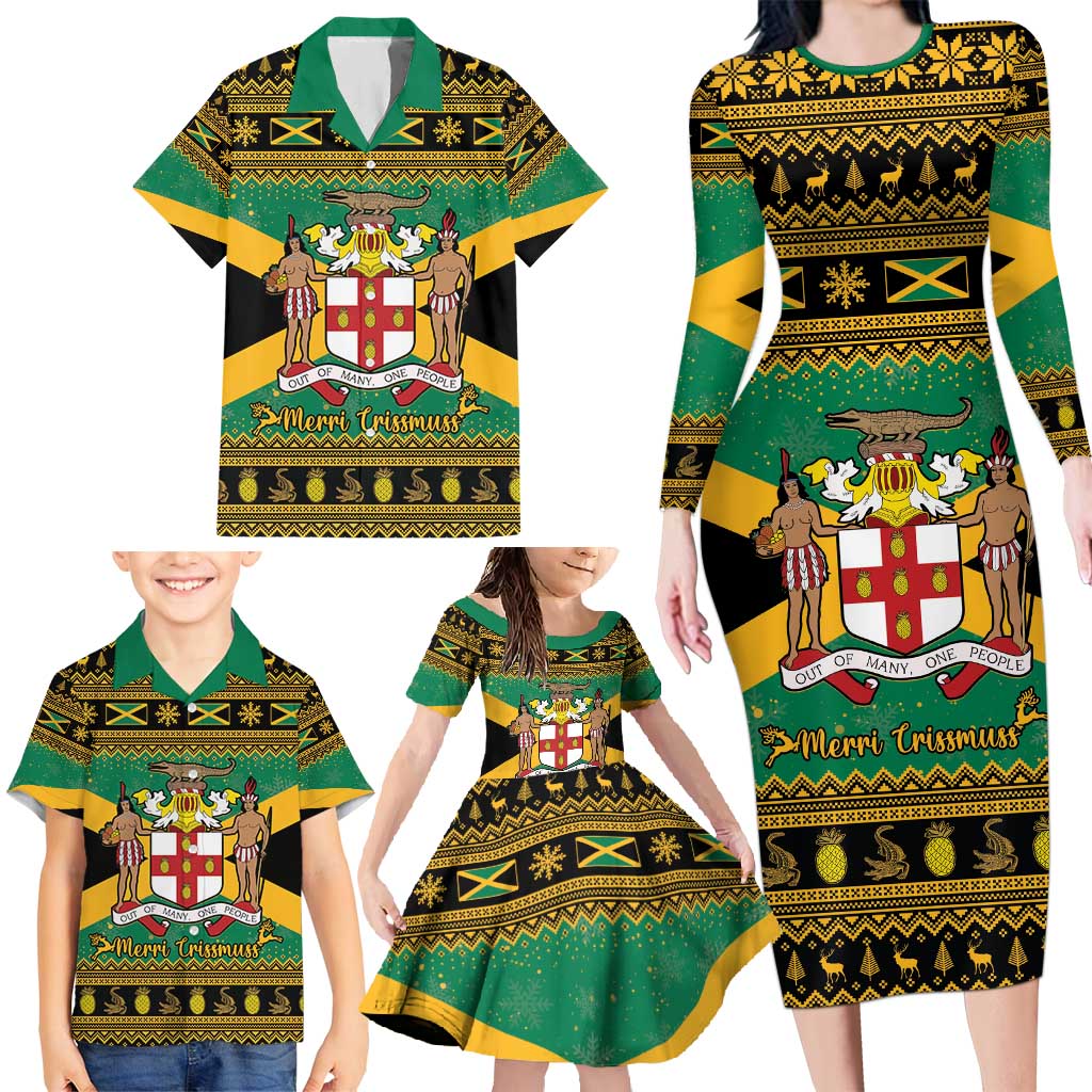 Jamaica Christmas Family Matching Long Sleeve Bodycon Dress and Hawaiian Shirt Coat Of Arms Merri Crissmuss - Wonder Print Shop