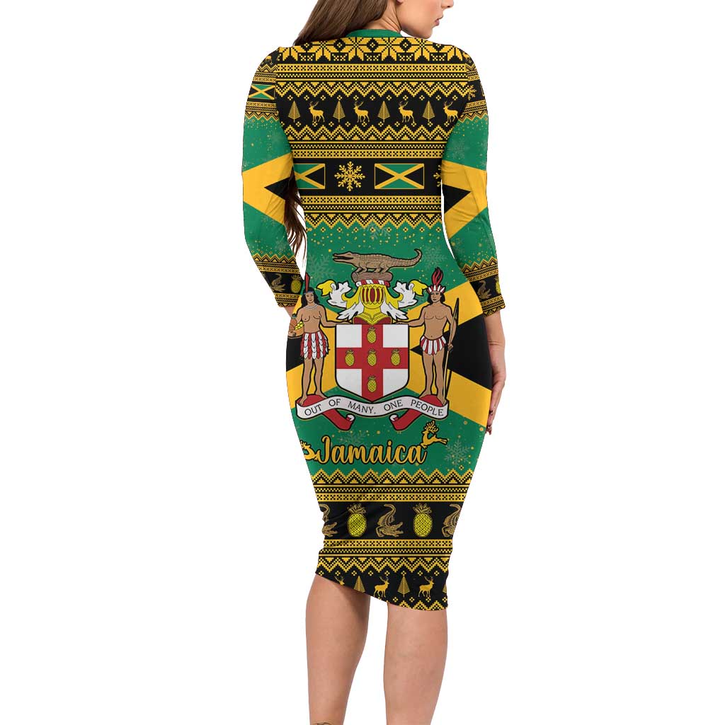 Jamaica Christmas Family Matching Long Sleeve Bodycon Dress and Hawaiian Shirt Coat Of Arms Merri Crissmuss - Wonder Print Shop