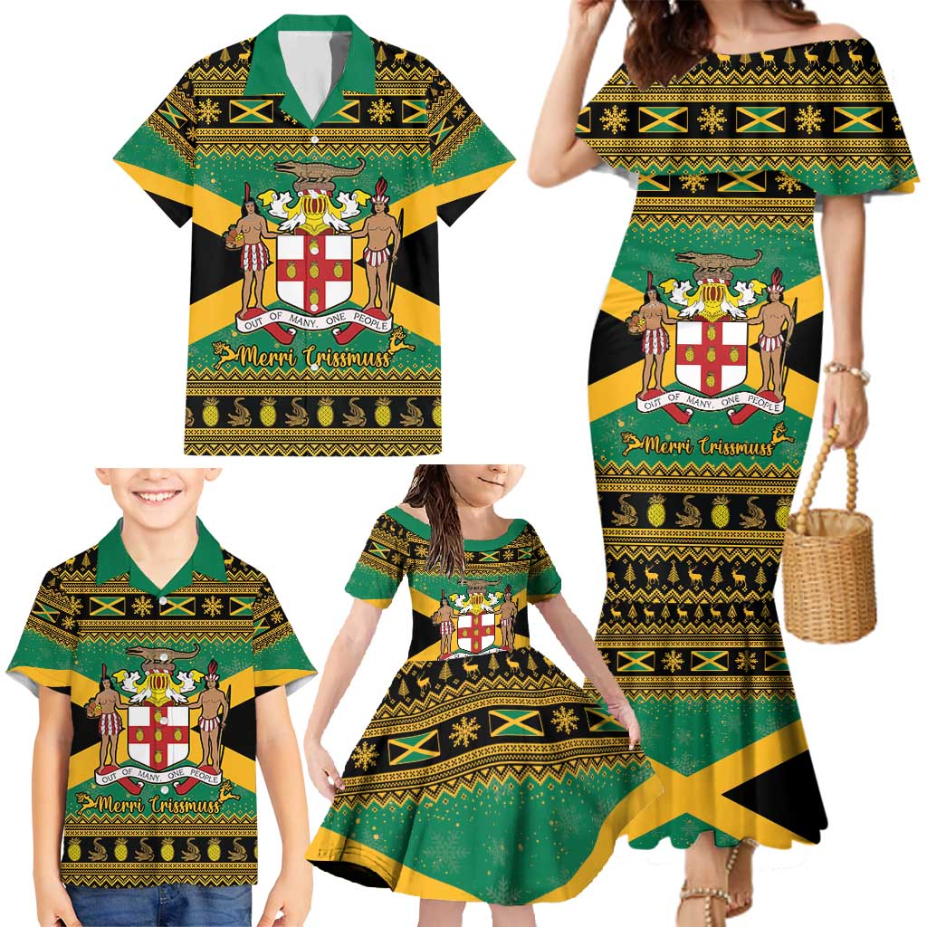 Jamaica Christmas Family Matching Mermaid Dress and Hawaiian Shirt Coat Of Arms Merri Crissmuss - Wonder Print Shop