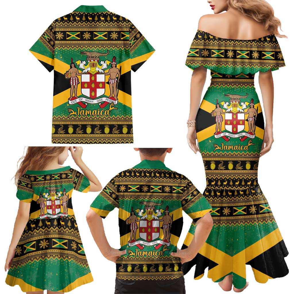 Jamaica Christmas Family Matching Mermaid Dress and Hawaiian Shirt Coat Of Arms Merri Crissmuss - Wonder Print Shop