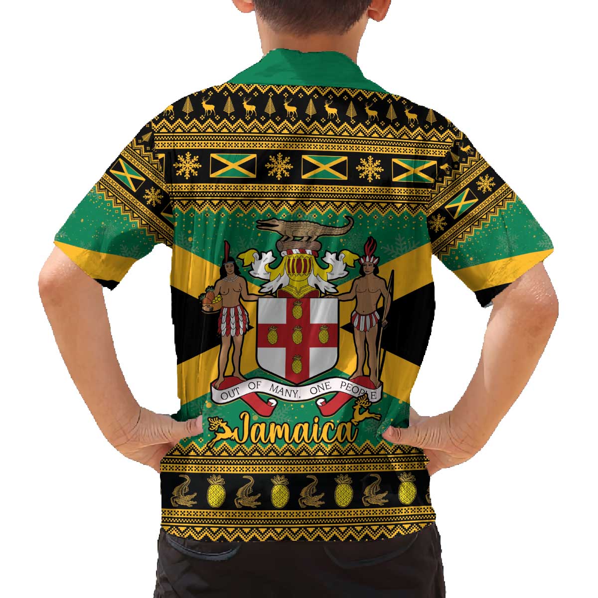 Jamaica Christmas Family Matching Off The Shoulder Long Sleeve Dress and Hawaiian Shirt Coat Of Arms Merri Crissmuss - Wonder Print Shop