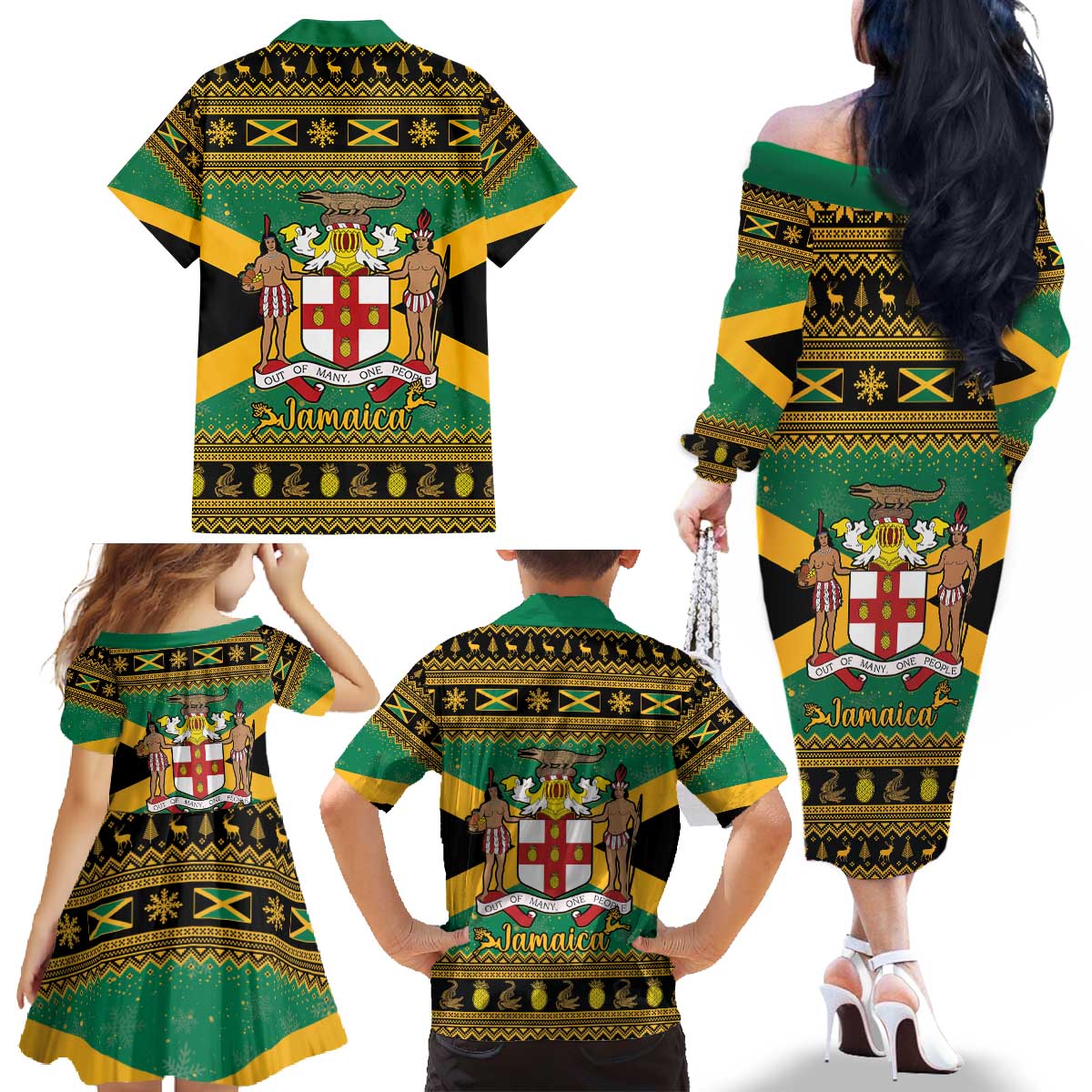 Jamaica Christmas Family Matching Off The Shoulder Long Sleeve Dress and Hawaiian Shirt Coat Of Arms Merri Crissmuss - Wonder Print Shop