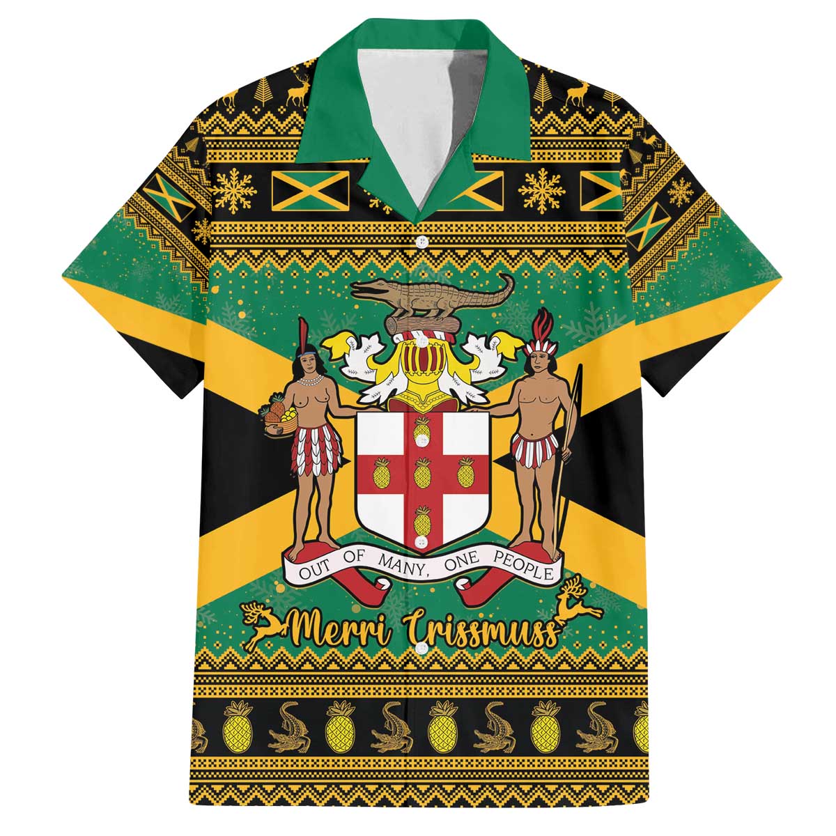 Jamaica Christmas Family Matching Off The Shoulder Long Sleeve Dress and Hawaiian Shirt Coat Of Arms Merri Crissmuss - Wonder Print Shop