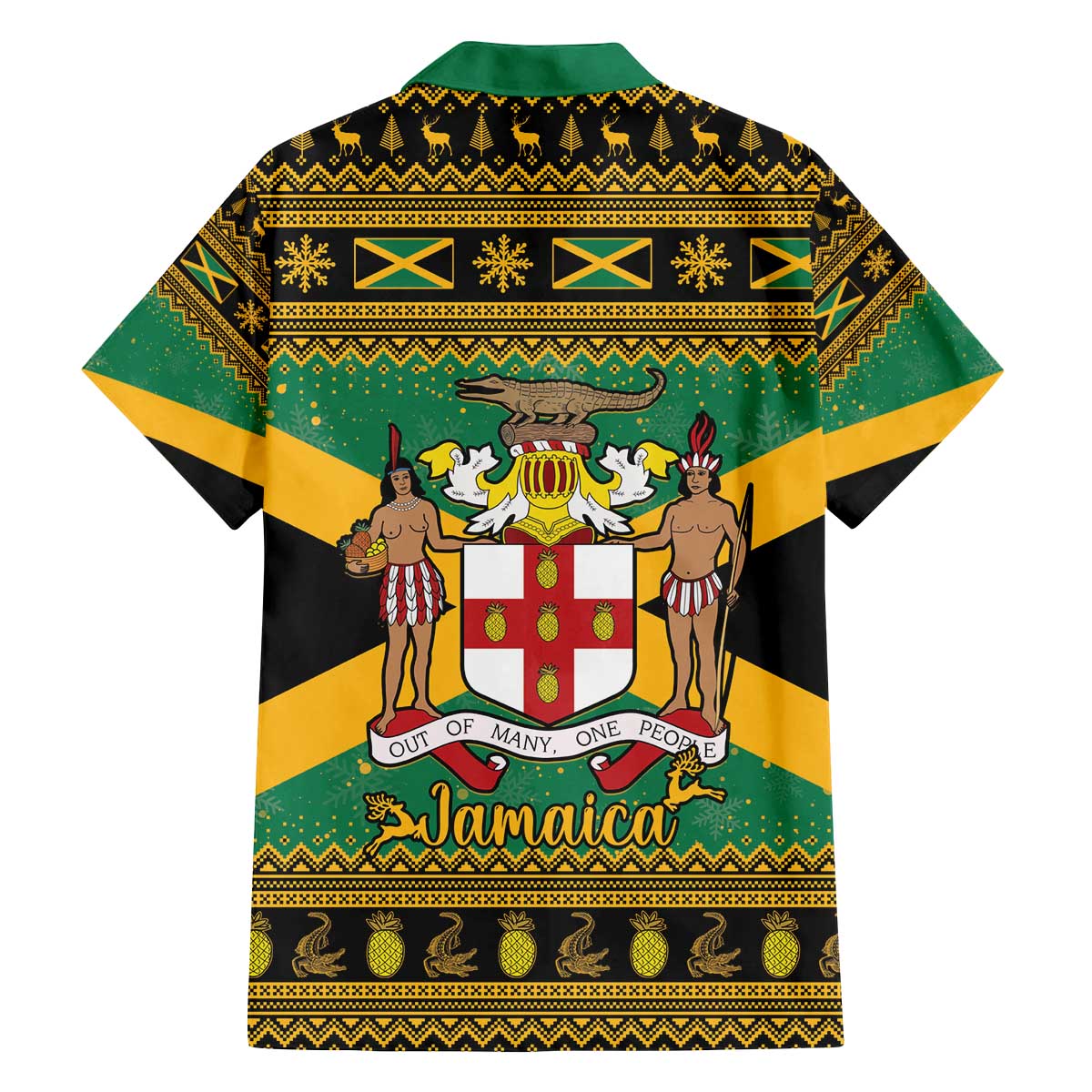 Jamaica Christmas Family Matching Off The Shoulder Long Sleeve Dress and Hawaiian Shirt Coat Of Arms Merri Crissmuss - Wonder Print Shop