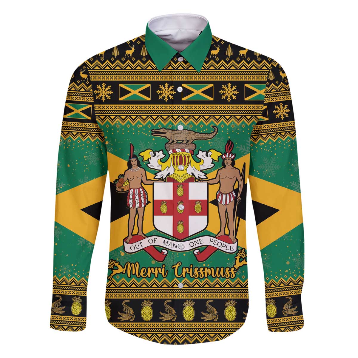 Jamaica Christmas Family Matching Off The Shoulder Long Sleeve Dress and Hawaiian Shirt Coat Of Arms Merri Crissmuss - Wonder Print Shop