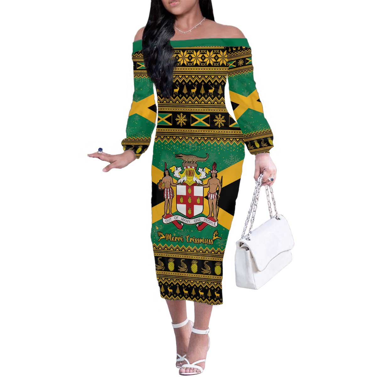 Jamaica Christmas Family Matching Off The Shoulder Long Sleeve Dress and Hawaiian Shirt Coat Of Arms Merri Crissmuss - Wonder Print Shop