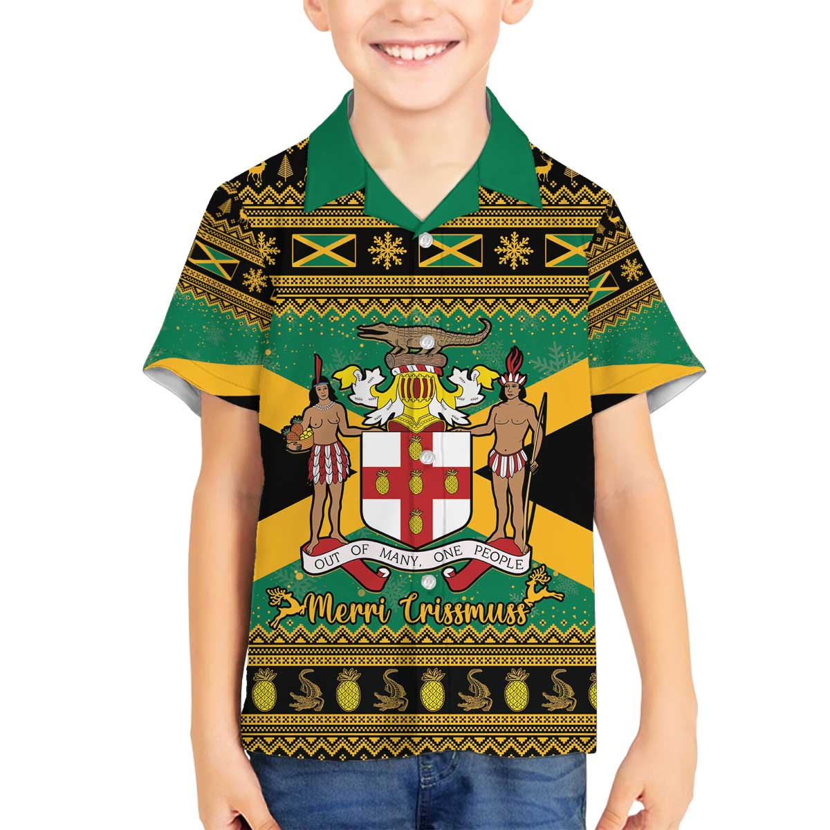 Jamaica Christmas Family Matching Off The Shoulder Long Sleeve Dress and Hawaiian Shirt Coat Of Arms Merri Crissmuss - Wonder Print Shop
