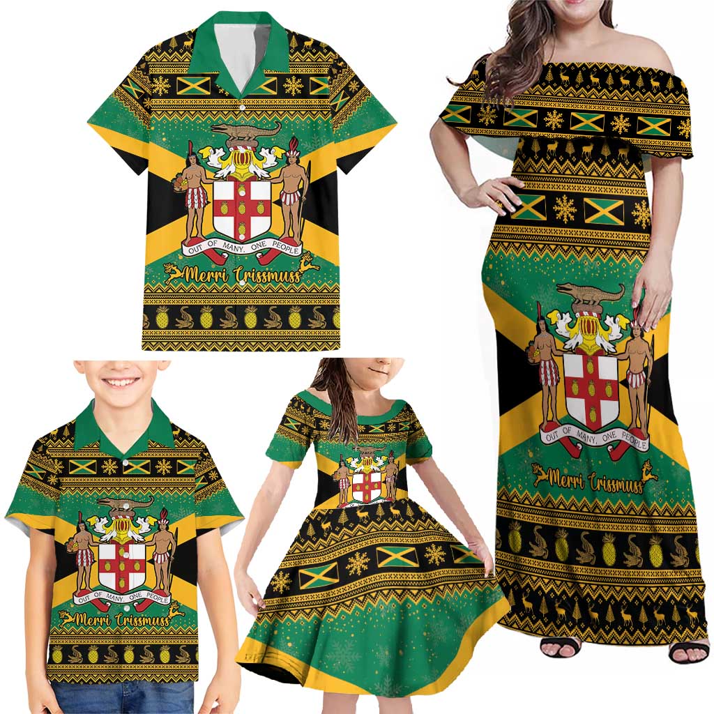 Jamaica Christmas Family Matching Off Shoulder Maxi Dress and Hawaiian Shirt Coat Of Arms Merri Crissmuss - Wonder Print Shop