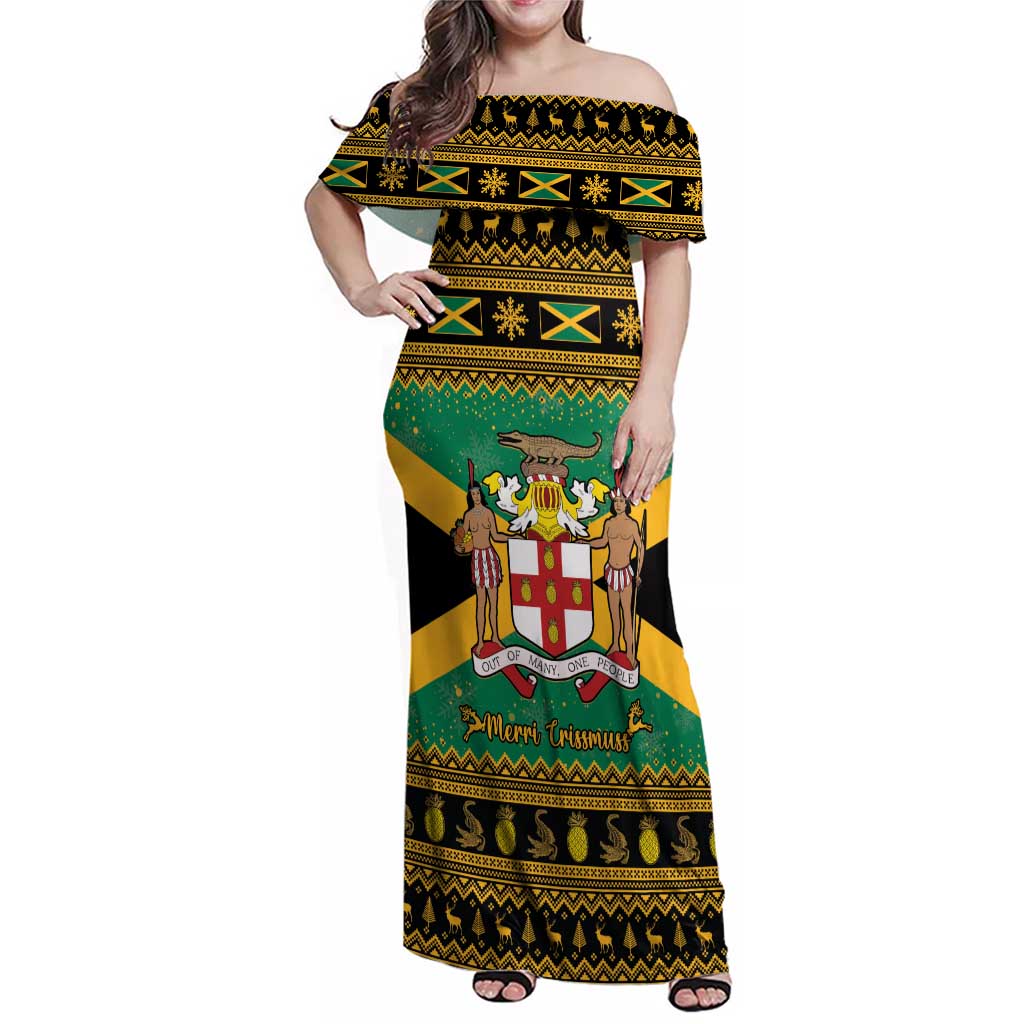 Jamaica Christmas Family Matching Off Shoulder Maxi Dress and Hawaiian Shirt Coat Of Arms Merri Crissmuss - Wonder Print Shop