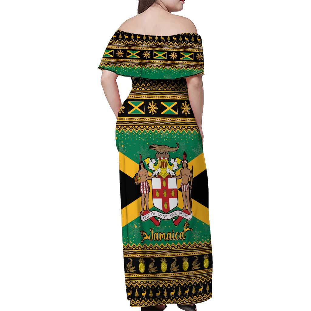 Jamaica Christmas Family Matching Off Shoulder Maxi Dress and Hawaiian Shirt Coat Of Arms Merri Crissmuss - Wonder Print Shop