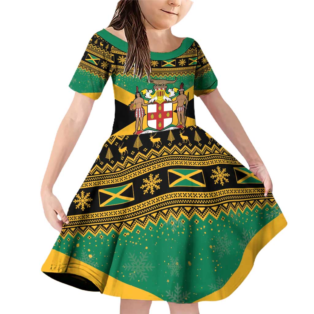 Jamaica Christmas Family Matching Off Shoulder Short Dress and Hawaiian Shirt Coat Of Arms Merri Crissmuss - Wonder Print Shop