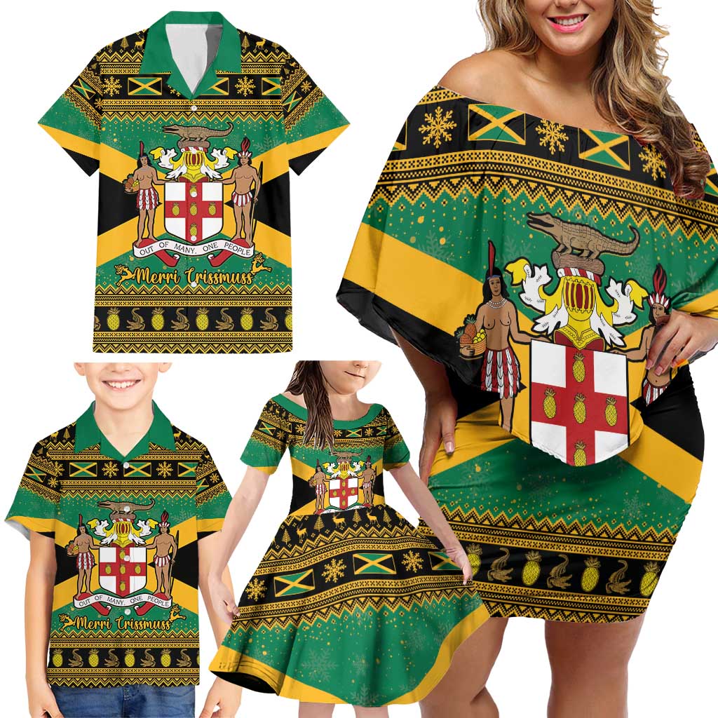 Jamaica Christmas Family Matching Off Shoulder Short Dress and Hawaiian Shirt Coat Of Arms Merri Crissmuss - Wonder Print Shop